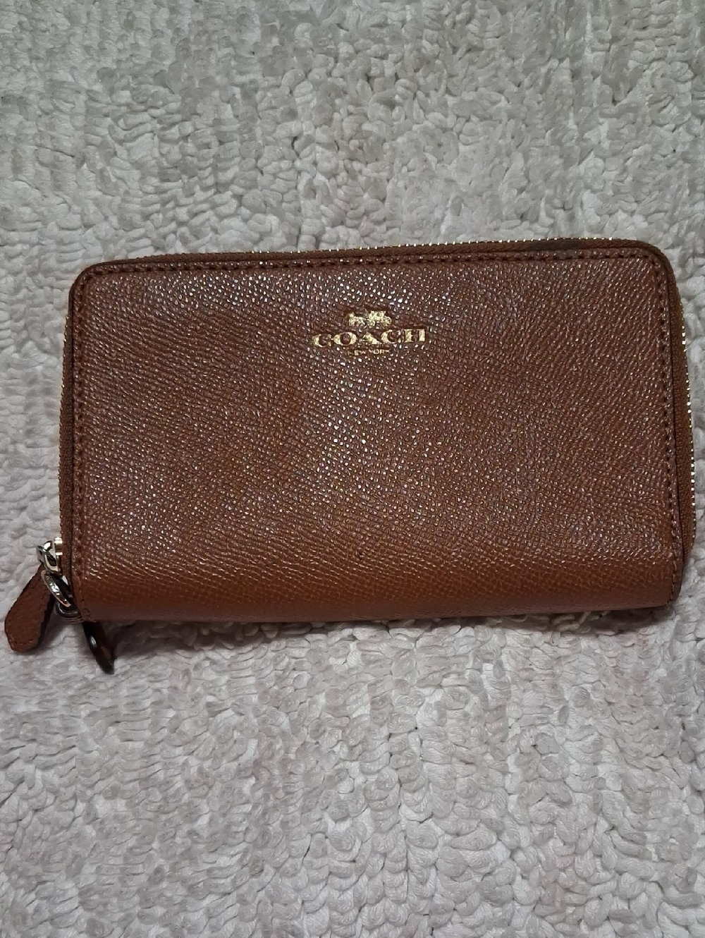 Coach Tan Pebbled Zip-Around Wallet with Gold Logo